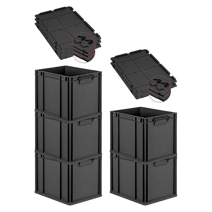 Proregal Euroboxen-Set 5x Eurobox NextGen Grip mit Scharnierdeckel und schwarzen Verschlüssen - Kunststoff, Schwarz, 5 Stk. - Stapelbare schwarze Kunststoffboxen, sowohl aufgestellt als auch flach zusammengelegt dargestellt. Vielseitige Aufbewahrungslösung.