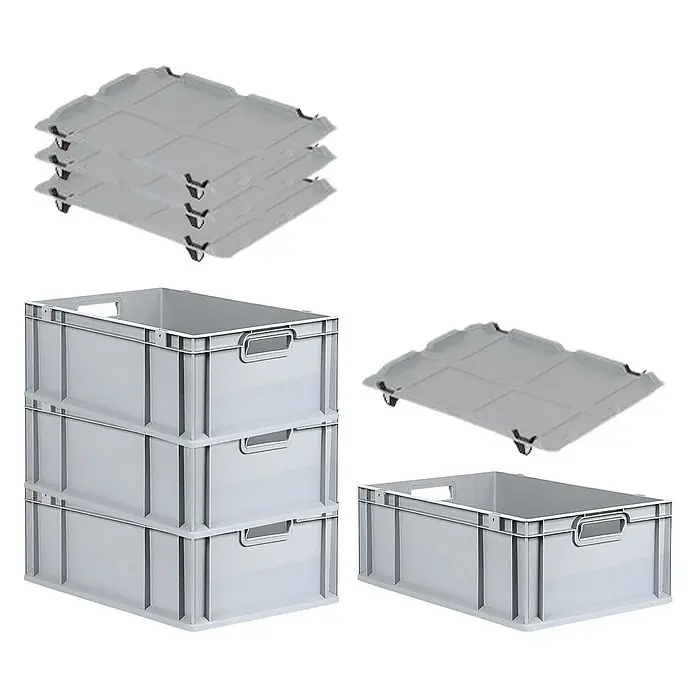 Proregal Euroboxen-Set 4x Eurobox NextGen Economy mit Auflagedeckel und 4x Verschlüsse Schwarz - Kunststoff, Grau, 4 Stk. - Stapelbare graue Kunststoffbehälter mit Deckeln. Praktische Aufbewahrungslösung für verschiedenste Anwendungen.
