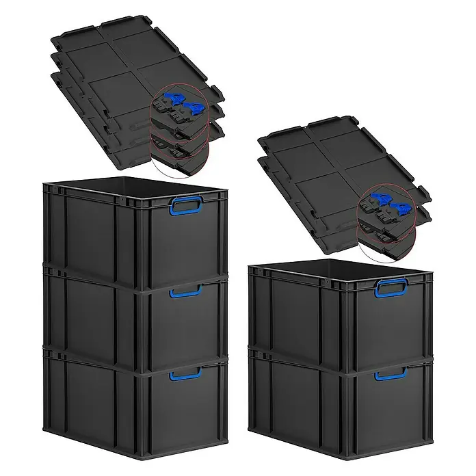 Proregal Euroboxen-Set 5x Eurobox NextGen Color mit Scharnierdeckel und Verschlüssen - L x B x H: 60 x 40 x 32 cm, Kunststoff, Schwarz, Blau, 5 Stk. - Stapelbare, schwarze Kunststoffboxen mit blauen Griffen und passenden Deckeln für Lagerung und Transport.