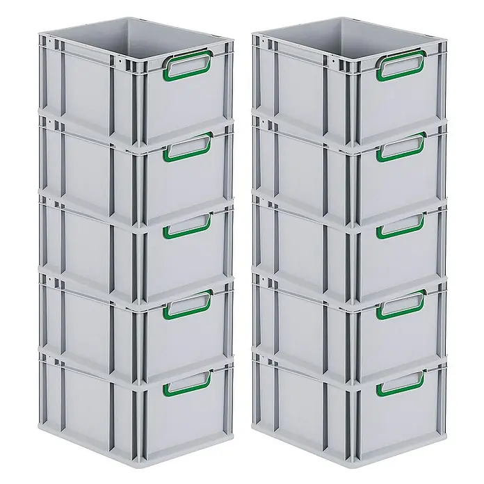 Proregal Euroboxen-Set 10x Eurobox NextGen Color - L x B x H: 40 x 30 x 22 cm, Kunststoff, Grau, Grün, 10 Stk. - Zwei Stapel von je sechs grauen Kunststoffboxen mit grünen Griffen, ideal für Lagerung und Organisation.