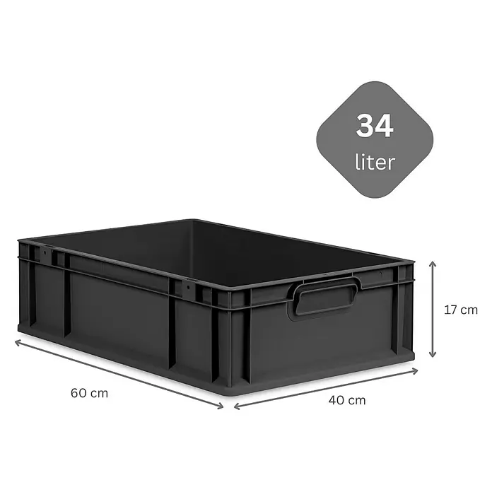SuperSparSet 10x Eurobox NextGen Grip mit Scharnierdeckel und grünen Schiebeschnappverschlüssen | HxBxT 17x40x60cm | 34 Liter | Schwarz | Griffe geschlossen | Eurobehälter, Transportbox, Transportbehälter, Stapelbehälter -  - Abgebildete schwarze 34-Liter-Kunststoffbox mit den Maßen 60 x 40 x 17 cm. Ideal für Lagerung und Transport verschiedener Gegenstände.