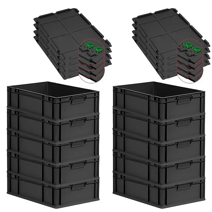 SuperSparSet 10x Eurobox NextGen Grip mit Scharnierdeckel und grünen Schiebeschnappverschlüssen | HxBxT 17x40x60cm | 34 Liter | Schwarz | Griffe geschlossen | Eurobehälter, Transportbox, Transportbehälter, Stapelbehälter -  - Ein Stapel schwarzer, industrieller Lagerkisten mit Deckeln, die sich perfekt für die Organisation eignen.