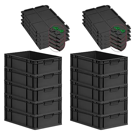 SuperSparSet 10x Eurobox NextGen Grip mit Scharnierdeckel und grünen Schiebeschnappverschlüssen | HxBxT 17x40x60cm | 34 Liter | Schwarz | Griffe geschlossen | Eurobehälter, Transportbox, Transportbehälter, Stapelbehälter