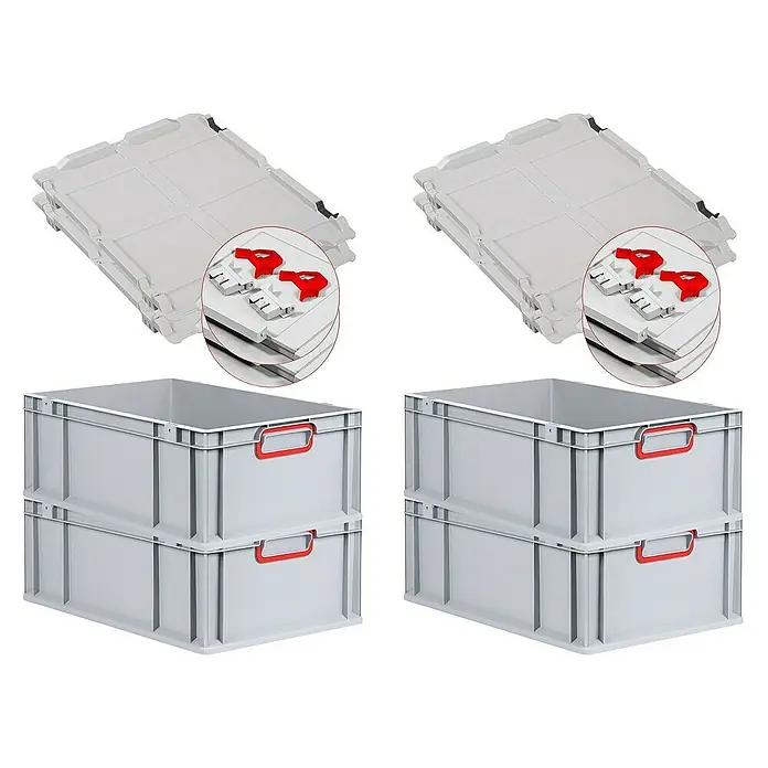 Proregal Euroboxen-Set 4x Eurobox NextGen Color mit Scharnierdeckel und Verschlüssen - L x B x H: 60 x 40 x 22 cm, Kunststoff, Grau, Rot, 4 Stk. - Zwei Stapelboxen mit Deckeln, ideal für Lagerung und Transport. Die grauen Boxen sind robust und mit roten Griffen versehen.