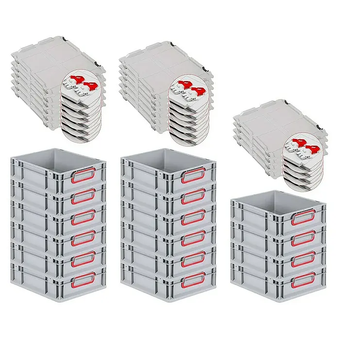 Proregal Euroboxen-Set 16x Eurobox NextGen Color mit Scharnierdeckel und Verschlüssen - L x B x H: 40 x 30 x 12 cm, Kunststoff, Grau, Rot, 16 Stk. - Graue Euroboxen mit roten Griffen und Deckeln, die gestapelt sind, ideal für Lagerung und Transport.