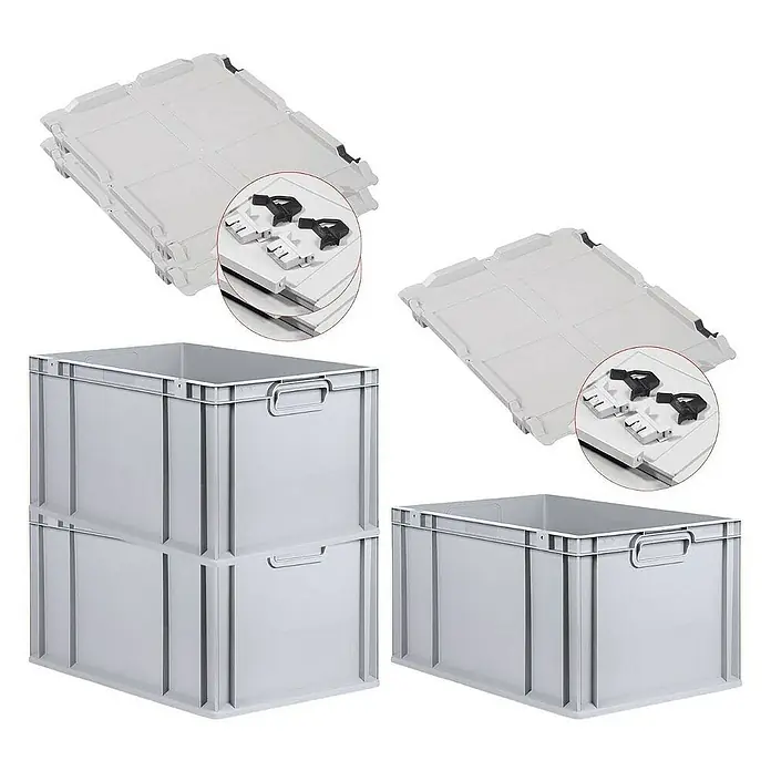 Proregal Euroboxen-Set 3x Eurobox NextGen Grip mit Scharnierdeckel und schwarzen Verschlüssen - L x B x H: 60 x 40 x 32 cm, Kunststoff, Grau, 3 Stk. - Abbildung von stapelbaren grauen Lagerbehältern und transparenten Deckeln mit schwarzen Verriegelungen.