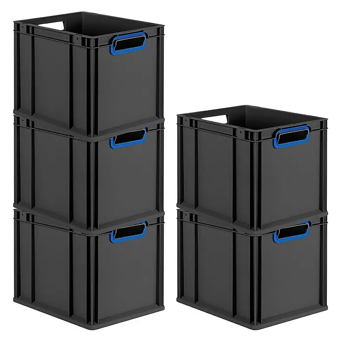 Proregal Euroboxen-Set 4x Eurobox NextGen Color - Kunststoff, Schwarz, Blau, 4 Stk. - Graue Kunststoffbehälter im Stapel mit blauen Griffen, ideal für Lagerung und Organisation.