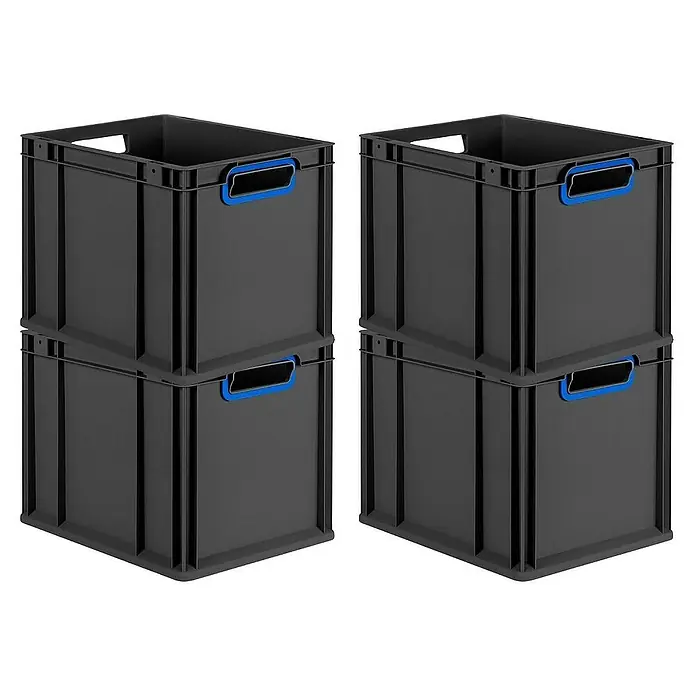 Proregal Euroboxen-Set 4x Eurobox NextGen Color - Kunststoff, Schwarz, Blau, 4 Stk. - Zwei Stapel grauer Aufbewahrungsboxen aus Kunststoff mit blauen Griffen, die sich ideal für Lagerung und Organisation eignen.