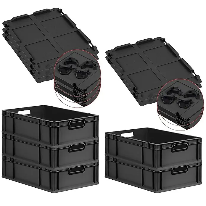 SuperSparSet 5x Eurobox NextGen Color mit Auflagedeckel und Schiebeschnappverschlüsse | HxBxT 17x40x60cm | 34 Liter | Schwarz | Griffe schwarz offen | Glatter Boden | Eurobehälter, Transportbox, Transportbehälter, Stapelbehälter -  - Produktbild von stapelbaren schwarzen Aufbewahrungsboxen und Deckeln für den Transport oder die Lagerung von Gegenständen.