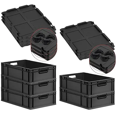 SuperSparSet 5x Eurobox NextGen Color mit Auflagedeckel und Schiebeschnappverschlüsse | HxBxT 17x40x60cm | 34 Liter | Schwarz | Griffe schwarz offen | Glatter Boden | Eurobehälter, Transportbox, Transportbehälter, Stapelbehälter