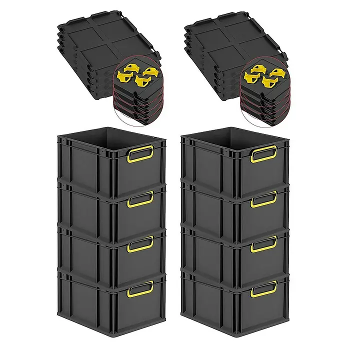 Proregal Euroboxen-Set 8x Eurobox NextGen Color mit Auflagedeckel und Schiebeschnappverschlüsse - L x B x H: 40 x 30 x 22 cm, Kunststoff, Schwarz, Gelb, 8 Stk. - Stapelbare schwarze Aufbewahrungsboxen aus Kunststoff mit gelben Griffen und zugehörigen Deckeln für die Organisation und Lagerung.