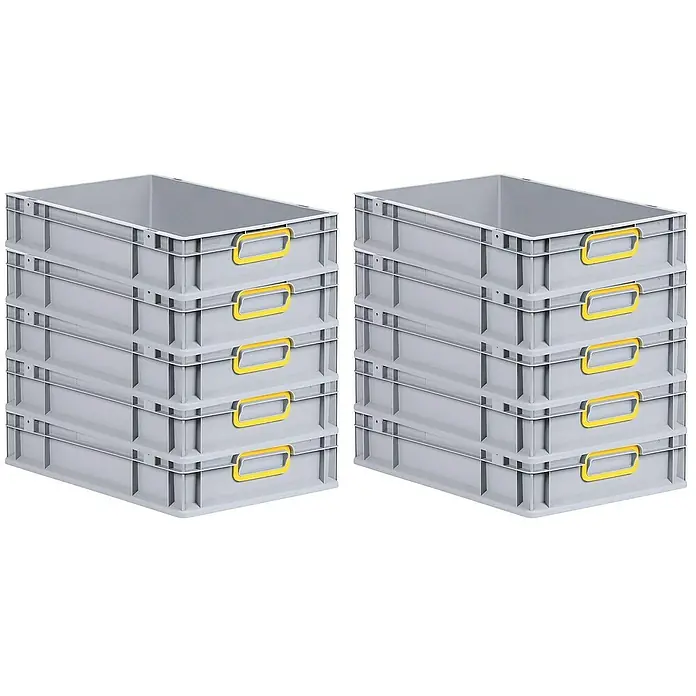 Proregal Euroboxen-Set 10x Eurobox NextGen Color - L x B x H: 60 x 40 x 12 cm, Kunststoff, Grau, Gelb, 10 Stk. - Zwei Stapel grauer Kunststoffbehälter mit gelben Griffen, die zur Lagerung und Organisation verwendet werden. Sie sind robust und vielseitig.