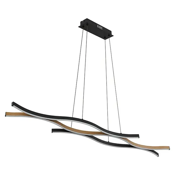 Globo LED-Pendelleuchte Geronimo - 35 W, L x B x H: 108 x 18 x 120 cm, Schwarz, Warmweiß - Eine Nahaufnahme eines Innenraummodells, das eine geschwungene Treppe mit Holzelementen und einem vertikalen Traggerüst zeigt.