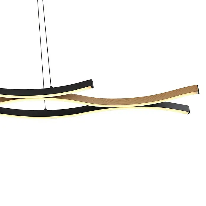 Globo LED-Pendelleuchte Geronimo - 35 W, L x B x H: 108 x 18 x 120 cm, Schwarz, Warmweiß - Moderne LED-Hängeleuchte mit geschwungenem Design in Schwarz und Holzoptik, ideal für stilvolle Innenräume.