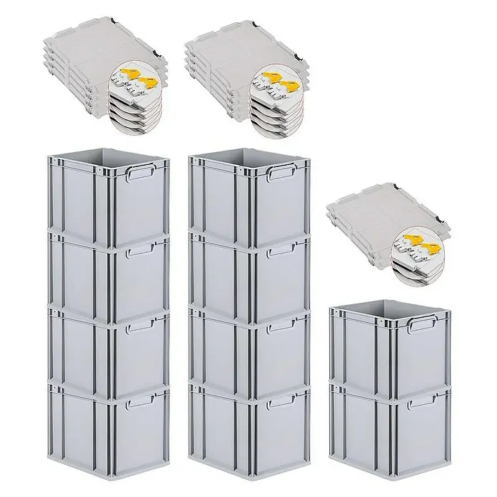 Proregal Euroboxen-Set 10x Eurobox NextGen Economy mit Scharnierdeckel und gelben Verschlüssen - Kunststoff, Grau, 10 Stk. - Darstellung mehrerer, stabiler, grauer Eurobehälter aus Kunststoff in verschiedenen Konfigurationen mit passenden Deckeln.
