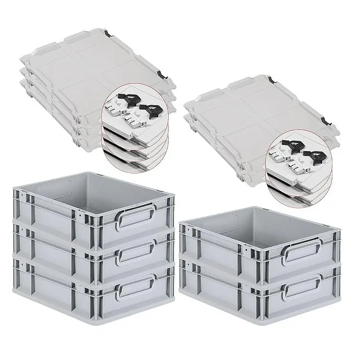 Proregal Euroboxen-Set 5x Eurobox NextGen Economy mit Scharnierdeckel und schwarzen Verschlüssen - L x B x H: 40 x 30 x 12 cm, Kunststoff, Grau, 5 Stk. - Graue Kunststoffboxen und -deckel zur Aufbewahrung und Organisation. Die Boxen sind stapelbar und haben Griffe für einfachen Transport.