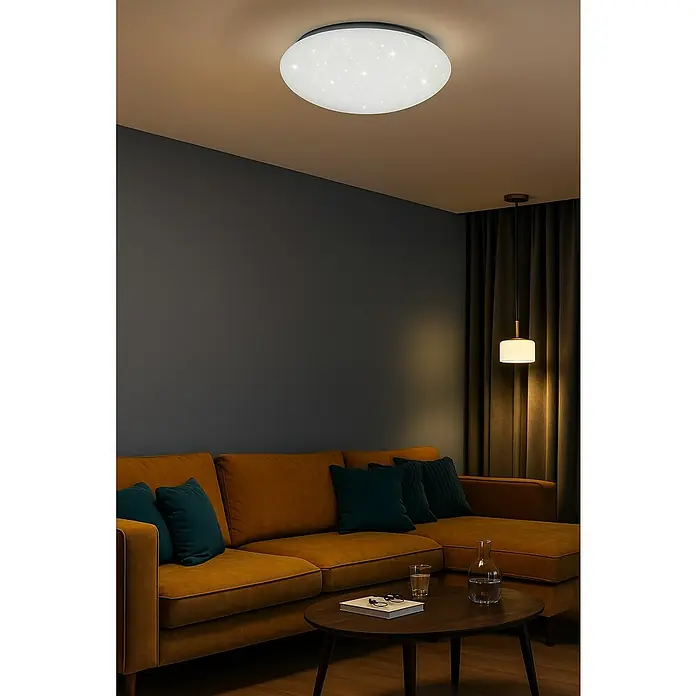 Trio Lighting Plafón LED redondo Putz cielo estrellado - 15 W, Ø x Al: 40 x 10 cm, Blanco, Blanco neutro - Lámpara de techo moderna con diseño de estrellas para un ambiente acogedor en el salón.\n