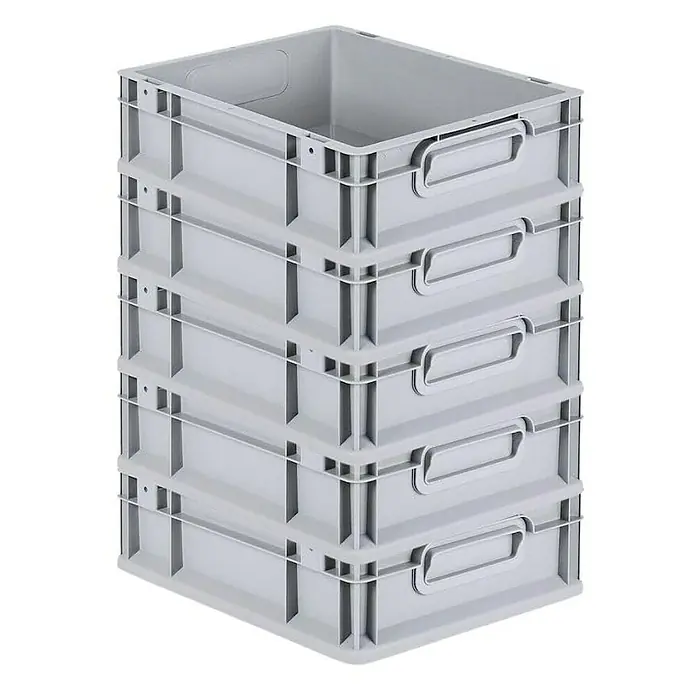 Proregal Euroboxen-Set 5x Eurobox NextGen Economy mit Scharnierdeckel und schwarzen Verschlüssen - L x B x H: 40 x 30 x 12 cm, Kunststoff, Grau, 5 Stk. - Graue Kunststoffboxen sind ordentlich gestapelt. Diese robusten Lagerbehälter sind ideal für Organisation und Aufbewahrungslösungen.