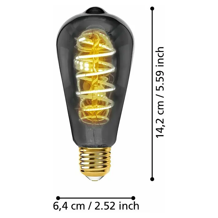 Eglo Bombilla LED - E27, Intensidad regulable, Blanco cálido, 100 lm, 4 W - Primer plano de una bombilla decorativa gris con base dorada y filamento en espiral, completa con marcas de dimensión.