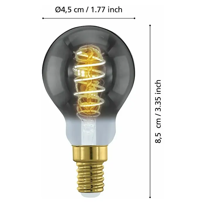 Eglo Bombilla LED - E14, Intensidad regulable, 100 lm, 4 W - Imagen de una bombilla de filamento LED G45 decorativa gris humo con base E14, fusionando diseño moderno con estética vintage.