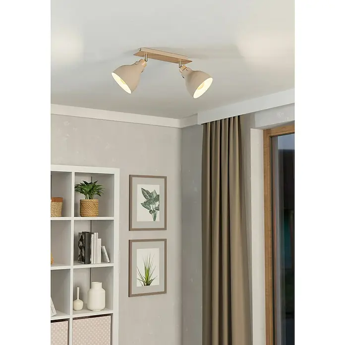 Eglo Regleta Arrecife - 28 W, L x An x Al: 53,1 x 14,5 x 23,5 cm, Beige, E27 - Lámpara de techo con dos focos beige, de madera y metal, para una iluminación agradable y diseño moderno.