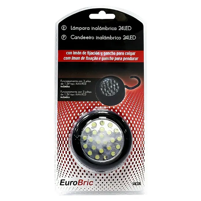 Eurobric 2000 Luz de armario LED gancho - Negro - La imagen muestra una lámpara EuroBric 24LED, una lámpara inalámbrica con imán y gancho para la fijación, ideal para taller y el hogar.