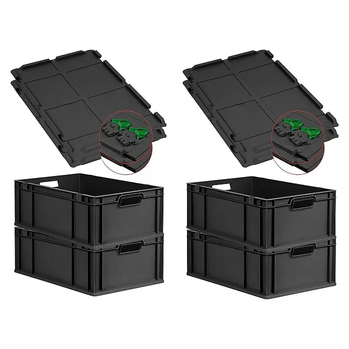Proregal Euroboxen-Set 4x Eurobox NextGen Grip mit Scharnierdeckel und grünen Verschlüssen - L x B x H: 60 x 40 x 22 cm, Kunststoff, Schwarz, 4 Stk. - Zwei Stapelboxen aus Kunststoff mit Deckeln und praktischen grünen Verschlüssen für eine sichere Aufbewahrung und Transport von Waren.