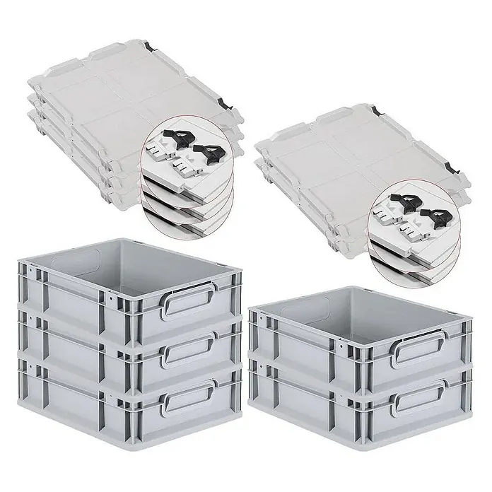Proregal Euroboxen-Set 5x Eurobox NextGen Grip mit Scharnierdeckel und schwarzen Verschlüssen - L x B x H: 40 x 30 x 12 cm, Kunststoff, Grau, 5 Stk. - Graue Kunststoffbehälter und -deckel, gestapelt. Praktische Aufbewahrungslösung für Ordnung zu Hause oder im Büro, ideal für Lager und Transport.