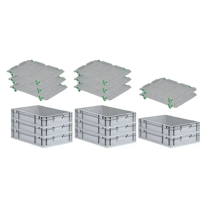 Proregal Euroboxen-Set 8x Eurobox NextGen Grip mit Auflagedeckel inkl. 4 grünen Verschlüssen - L x B x H: 60 x 40 x 12 cm, Kunststoff, Grau, 8 Stk. - Graue Eurobehälter im Stapel mit passenden Deckeln. Ideal für Lagerung und Transport, robust und platzsparend.