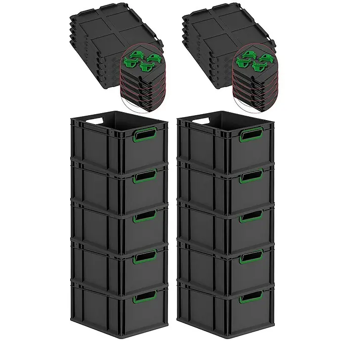 Proregal Euroboxen-Set 10x Eurobox NextGen Color mit Auflagedeckel und Schiebeschnappverschlüsse - L x B x H: 40 x 30 x 22 cm, Kunststoff, Schwarz, Grün, 10 Stk. - Gestapelte schwarze Aufbewahrungsboxen mit grünen Griffen und Deckeln. Ideal für die Organisation und Lagerung von Gegenständen.