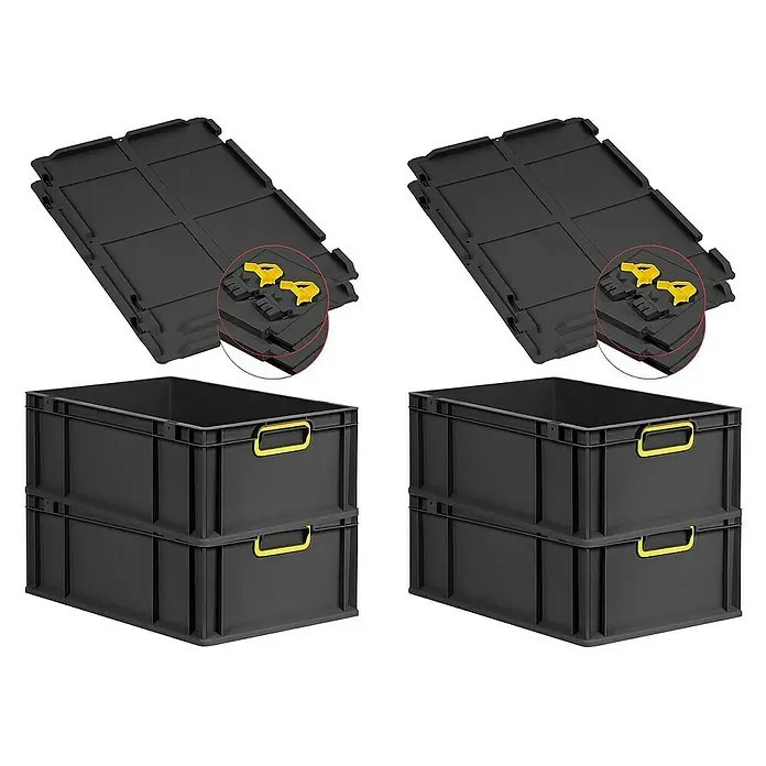 Proregal Euroboxen-Set 4x Eurobox NextGen Color mit Scharnierdeckel und Verschlüssen - L x B x H: 60 x 40 x 22 cm, Kunststoff, Schwarz, Gelb, 4 Stk. - Zwei gestapelte schwarze Eurobehälter mit gelben Griffen und zwei flache, zusammenklappbare schwarze Eurobehälter-Deckel mit gelben Verschlüssen.