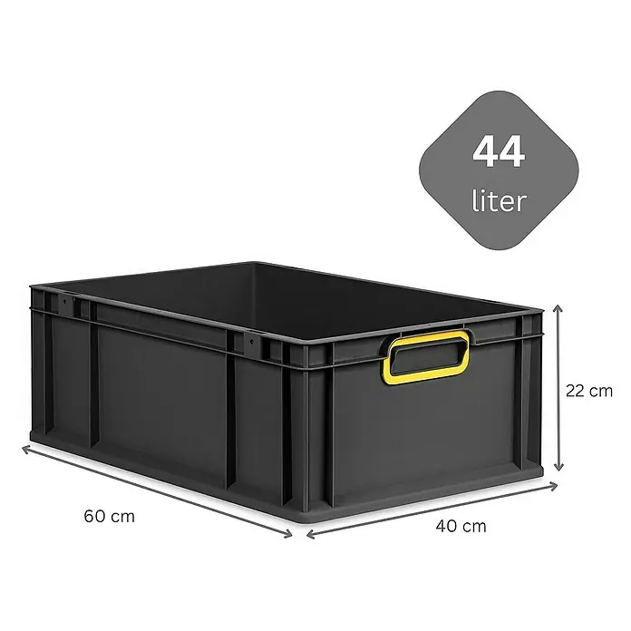 Proregal Euroboxen-Set 4x Eurobox NextGen Color mit Scharnierdeckel und Verschlüssen - L x B x H: 60 x 40 x 22 cm, Kunststoff, Schwarz, Gelb, 4 Stk. - Schwarze 44-Liter-Kunststoffbox mit gelben Griffen und Größenangaben.
