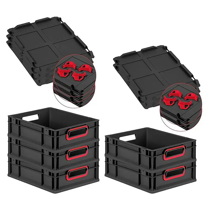 Proregal Euroboxen-Set 5x Eurobox NextGen Color mit Auflagedeckel und Schiebeschnappverschlüsse - L x B x H: 40 x 30 x 12 cm, Kunststoff, Schwarz, Rot, 5 Stk. - Zusammenklappbare schwarze Kunststoffboxen mit roten Griffen und Zubehör für die Lagerung und Organisation.