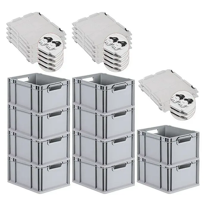 Proregal Euroboxen-Set 10x Eurobox NextGen Grip mit Scharnierdeckel und schwarzen Verschlüssen - L x B x H: 40 x 30 x 22 cm, Kunststoff, Grau, 10 Stk. - Das Bild zeigt graue Lagerkisten aus Kunststoff und dazugehörige Deckel, die zur Aufbewahrung und Organisation geeignet sind.