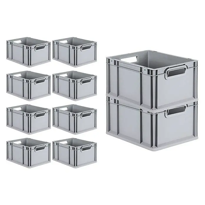 Proregal Euroboxen-Set 10x Eurobox NextGen Grip mit Scharnierdeckel und schwarzen Verschlüssen - L x B x H: 40 x 30 x 22 cm, Kunststoff, Grau, 10 Stk. - Graue Lagerboxen aus Kunststoff: Acht einzelne Boxen und ein Stapel aus zwei Boxen für Lagerung und Ordnung.