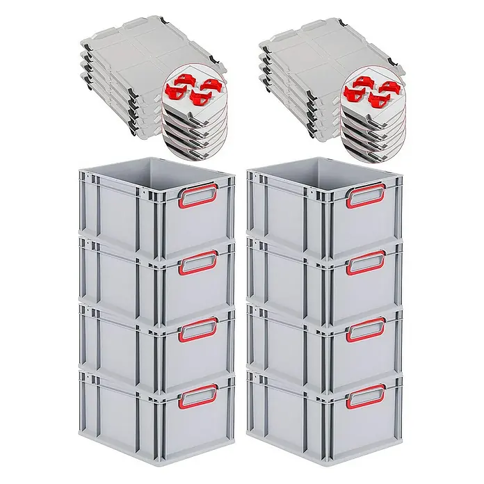 SuperSparSet 8x Eurobox NextGen Color mit Auflagedeckel und Schiebeschnappverschlüsse | HxBxT 22x30x40cm | 20 Liter | Grau | Griffe rot geschlossen | Glatter Boden | Eurobehälter, Transportbox, Transportbehälter, Stapelbehälter -  - Abbildung von stapelbaren, grauen Lagerboxen mit roten Griffen und passenden Deckeln, ideal für die Lagerung und Organisation.