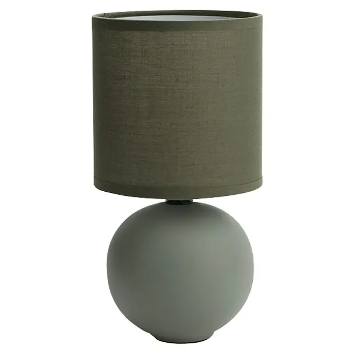 Idp Lampshades Lámpara de sobremesa redonda Loula - 40 W, Marrón, E14 - Elegante lámpara de mesa verde grisácea con pantalla cilíndrica, ideal para crear un ambiente acogedor en tu hogar.