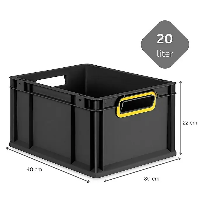 Proregal Euroboxen-Set 5x Eurobox NextGen Color mit Scharnierdeckel und Verschlüssen - L x B x H: 40 x 30 x 22 cm, Kunststoff, Schwarz, Gelb, 5 Stk. - Bild einer schwarzen 20-Liter-Kunststoffbox mit gelben Griffen und Abmessungen für den Transport und die Lagerung.