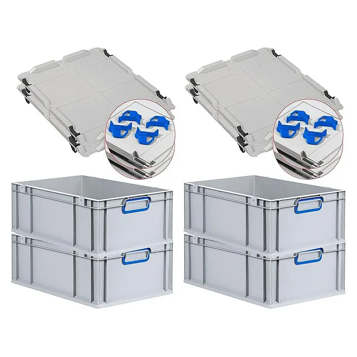 Proregal Euroboxen-Set 4x Eurobox NextGen Color mit Auflagedeckel und Schiebeschnappverschlüsse - L x B x H: 60 x 40 x 22 cm, Kunststoff, Grau, Blau, 4 Stk. - Set mit grauen Kunststoffboxen und Deckeln mit blauen Griffen und Halterungen, ideal für Lagerung und Transport.
