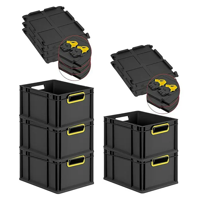 Proregal Euroboxen-Set 5x Eurobox NextGen Color mit Scharnierdeckel und Verschlüssen - L x B x H: 40 x 30 x 22 cm, Kunststoff, Schwarz, Gelb, 5 Stk. - Gestapelte schwarze Aufbewahrungsboxen mit gelben Griffen und Deckel zum einfachen Verstauen.