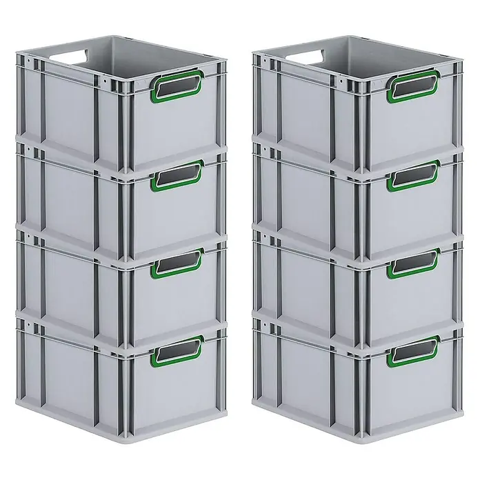 Proregal Euroboxen-Set 8x Eurobox NextGen Color - L x B x H: 40 x 30 x 22 cm, Kunststoff, Grau, Grün, 8 Stk. - Zwei Stapel grauer Kunststoffboxen mit grünen Griffen, ideal für Lagerung und Organisation.