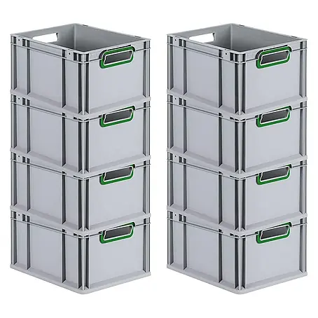SuperSparSet 8x Eurobox NextGen Color | HxBxT 22x30x40cm | 20 Liter | Griffe grün offen | Glatter Boden | Grau | Eurobehälter, Transportbox, Transportbehälter, Stapelbehälter