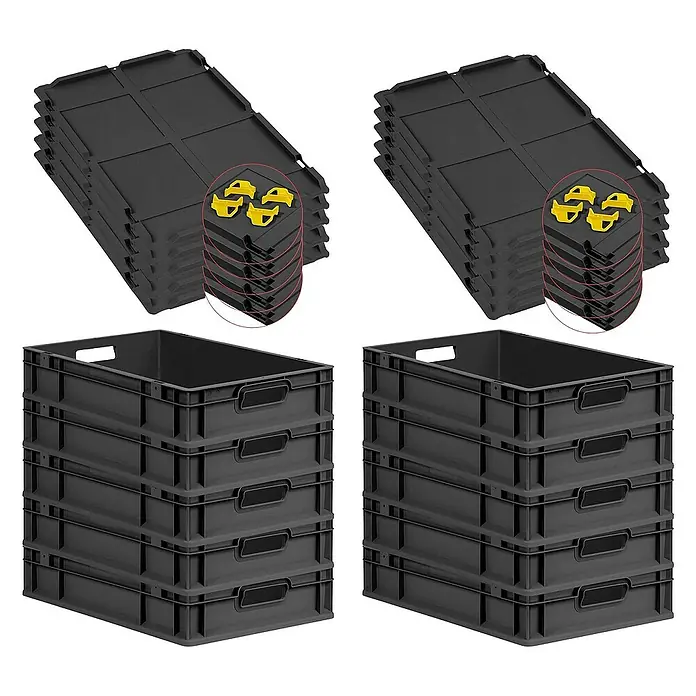 Proregal Euroboxen-Set 10x Eurobox NextGen Grip mit Auflagedeckel inkl. 4 gelben Verschlüssen - L x B x H: 60 x 40 x 12 cm, Kunststoff, Schwarz, 10 Stk. - Bild von zwei Stapeln schwarzer Kunststoffkisten und zwei Stapeln von Tabletts mit gelben Verschlüssen.