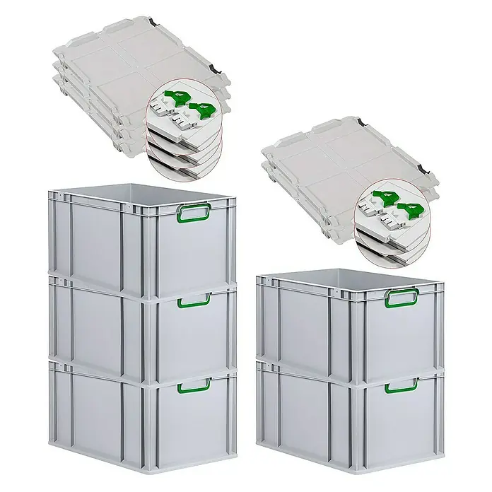 Proregal Euroboxen-Set 5x Eurobox NextGen Color mit Scharnierdeckel und Verschlüssen - L x B x H: 60 x 40 x 32 cm, Kunststoff, Grau, Grün, 5 Stk. - Mehrere graue Kunststoffboxen mit grünen Griffen und zugehörigen Deckeln, ideal zur Lagerung und Organisation.