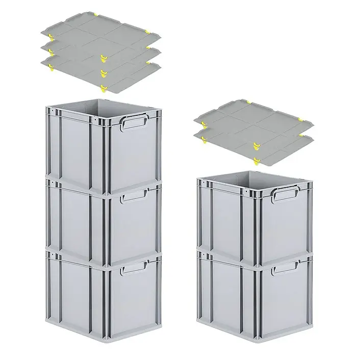 Proregal Euroboxen-Set 5x Eurobox NextGen Economy mit Auflagedeckel und 4x Verschlüsse Gelb - L x B x H: 40 x 30 x 32 cm, Kunststoff, Grau, 5 Stk. - Graue Kunststoffboxen mit Deckeln, ideal für Lagerung und Transport. Robuste Bauweise für vielfältige Einsatzbereiche.