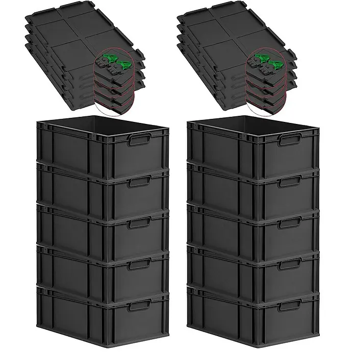 SuperSparSet 10x Eurobox NextGen Grip mit Scharnierdeckel und grünen Schiebeschnappverschlüssen | HxBxT 22x40x60cm | 44 Liter | Schwarz | Griffe geschlossen | Verstärkter Boden | Eurobehälter, Transportbox, Transportbehälter, Stapelbehälter -  - Bild von stapelbaren schwarzen Kunststoffkisten und schwarzen Deckeln mit grünen Befestigungsclips für die Aufbewahrung.