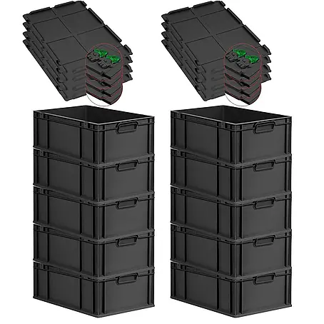 SuperSparSet 10x Eurobox NextGen Grip mit Scharnierdeckel und grünen Schiebeschnappverschlüssen | HxBxT 22x40x60cm | 44 Liter | Schwarz | Griffe geschlossen | Verstärkter Boden | Eurobehälter, Transportbox, Transportbehälter, Stapelbehälter