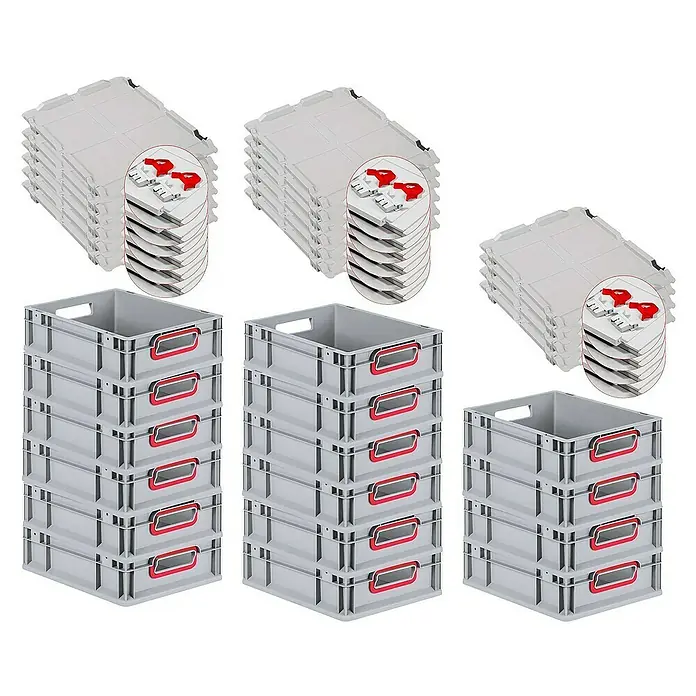 Proregal Euroboxen-Set 16x Eurobox NextGen Color mit Scharnierdeckel und Verschlüssen - L x B x H: 40 x 30 x 12 cm, Kunststoff, Grau, Rot, 16 Stk. - Stapelboxen und Deckel. Das Bild zeigt eine Vielzahl von grauen Lagerboxen mit roten Griffen, gestapelt und daneben die Deckel.