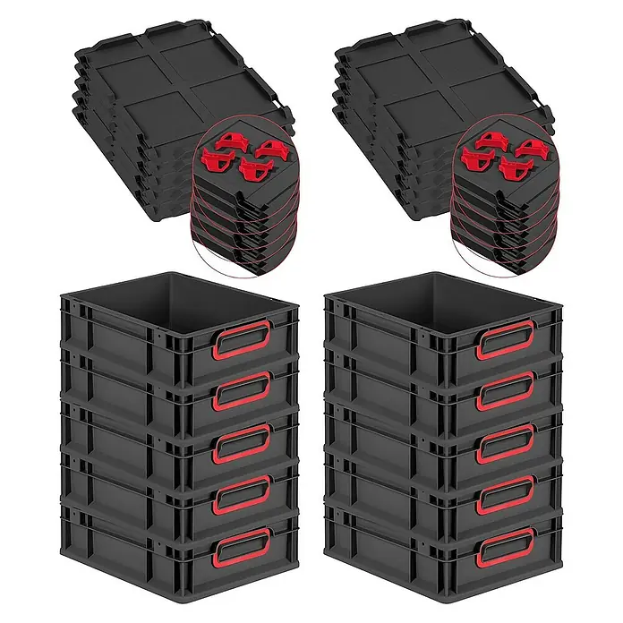 Proregal Euroboxen-Set 10x Eurobox NextGen Color mit Auflagedeckel und Schiebeschnappverschlüsse - L x B x H: 40 x 30 x 12 cm, Kunststoff, Schwarz, Rot, 10 Stk. - Das Bild zeigt zwei Stapel von schwarzen Lagerbehältern mit roten Griffen und passenden Deckeln, die sich ideal für die Organisation eignen.