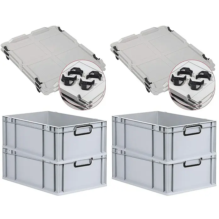 Proregal Euroboxen-Set 4x Eurobox NextGen Color mit Auflagedeckel und Schiebeschnappverschlüsse - L x B x H: 60 x 40 x 22 cm, Kunststoff, Grau, Schwarz, 4 Stk. - Zwei Stapelboxen aus Kunststoff mit Deckel und Griffen für Lagerung und Organisation.